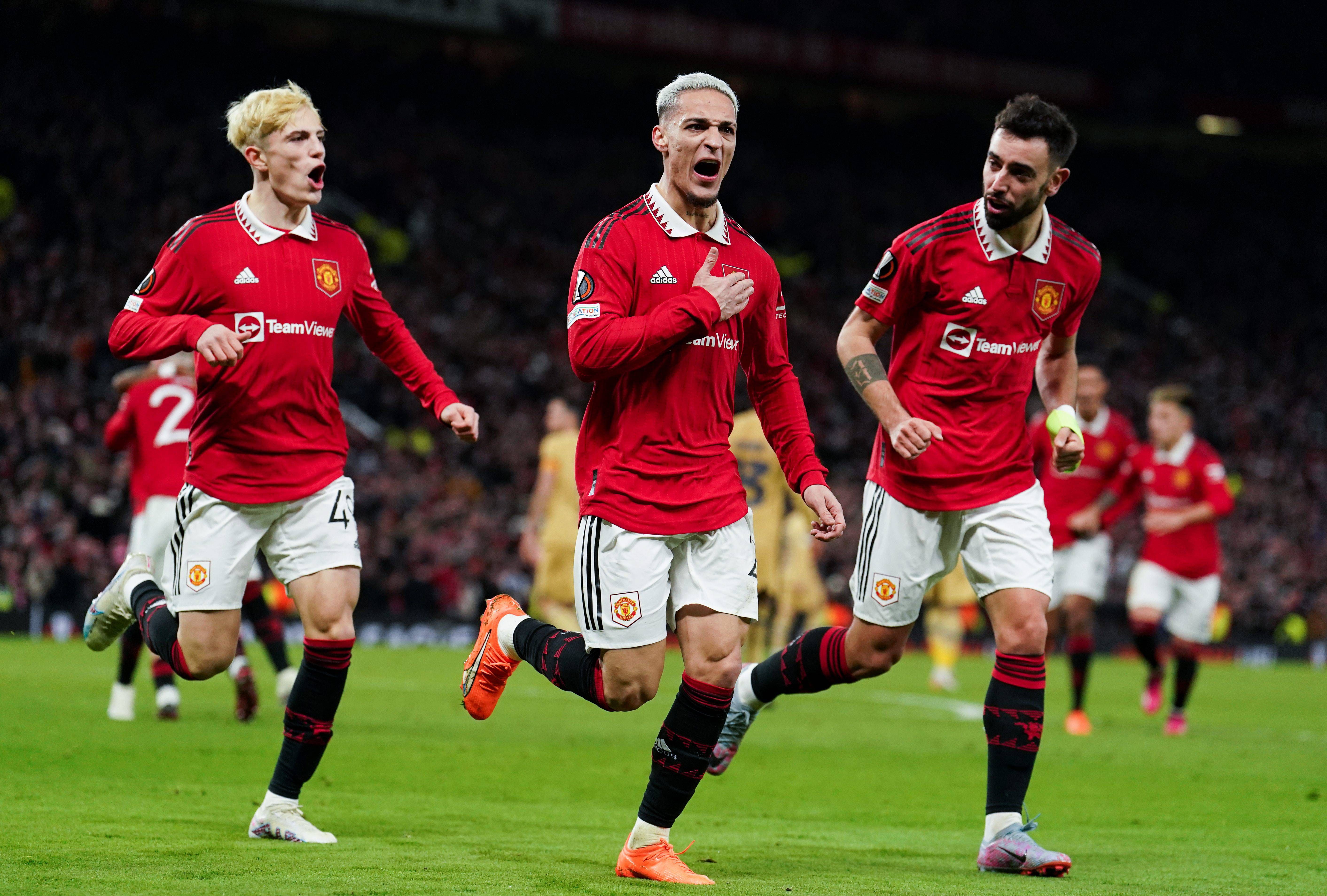 Antony celebra su gol en el Manchester United-Barcelona.