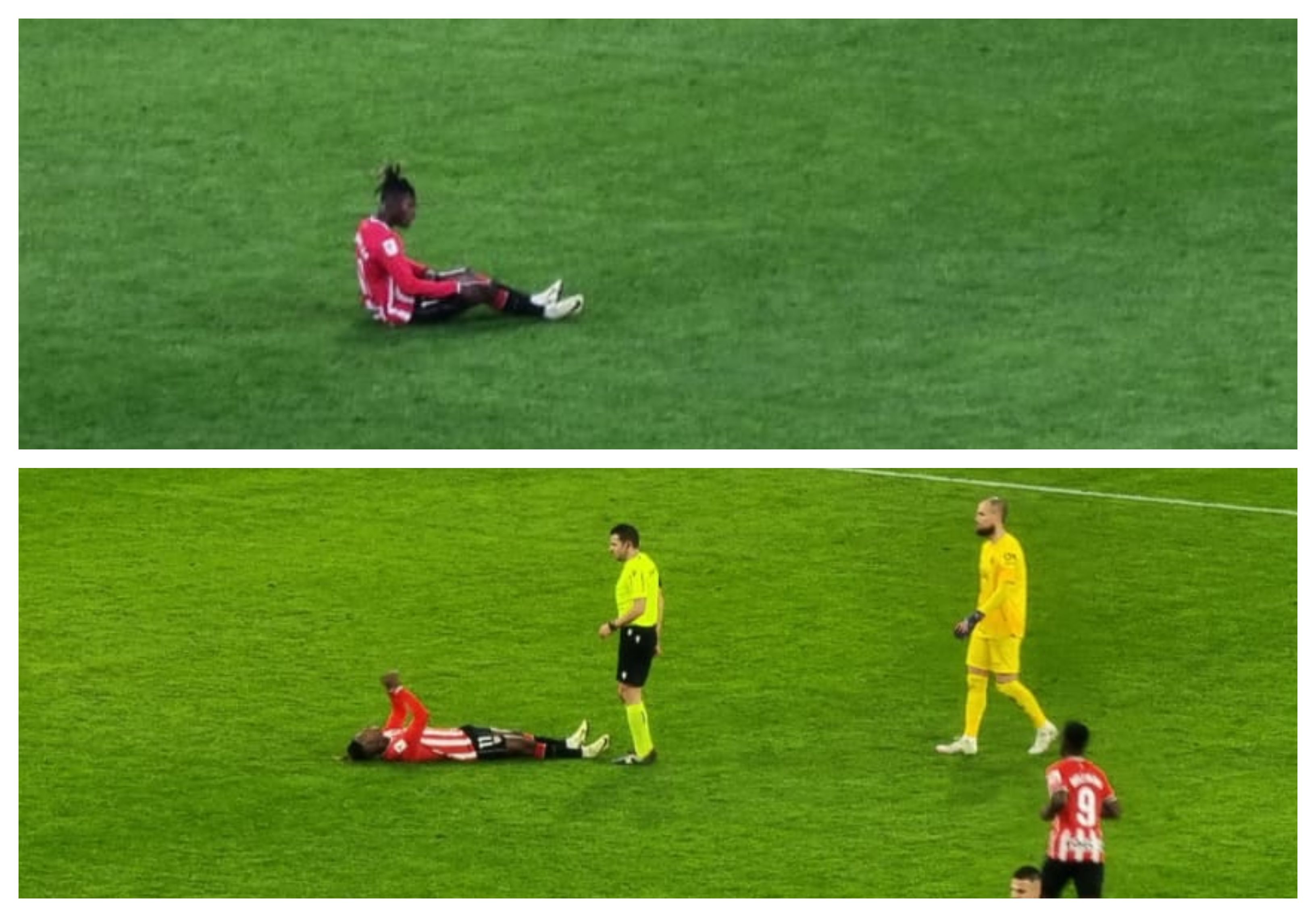 Nico Williams, dolido en el césped de San Mamés poco antes de ser sustituido en el partido de LaLiga Athletic Club-Real Mallorca.