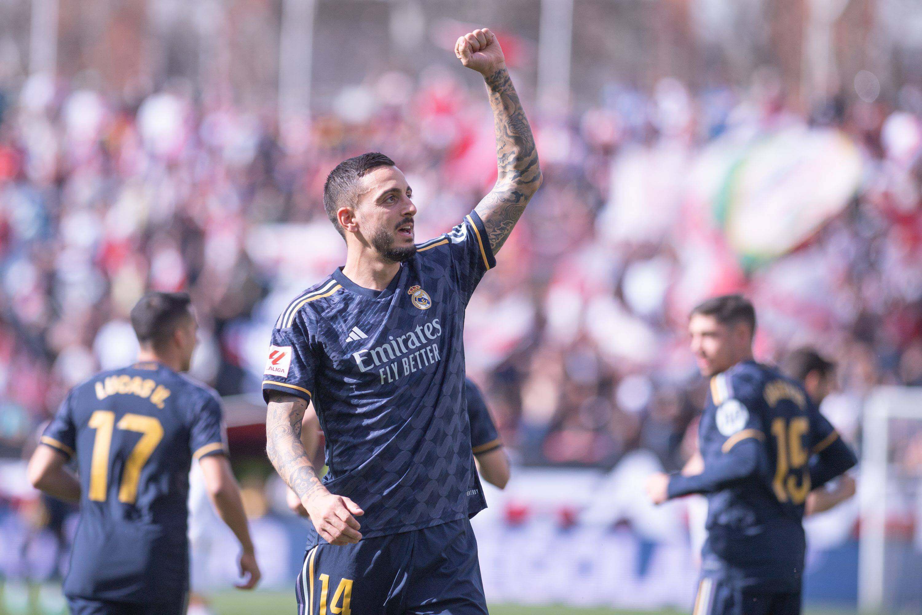 Joselu celebra su gol en el Rayo-Real Madrid.