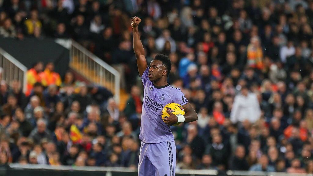  La celebración de Vinicius en Mestalla.