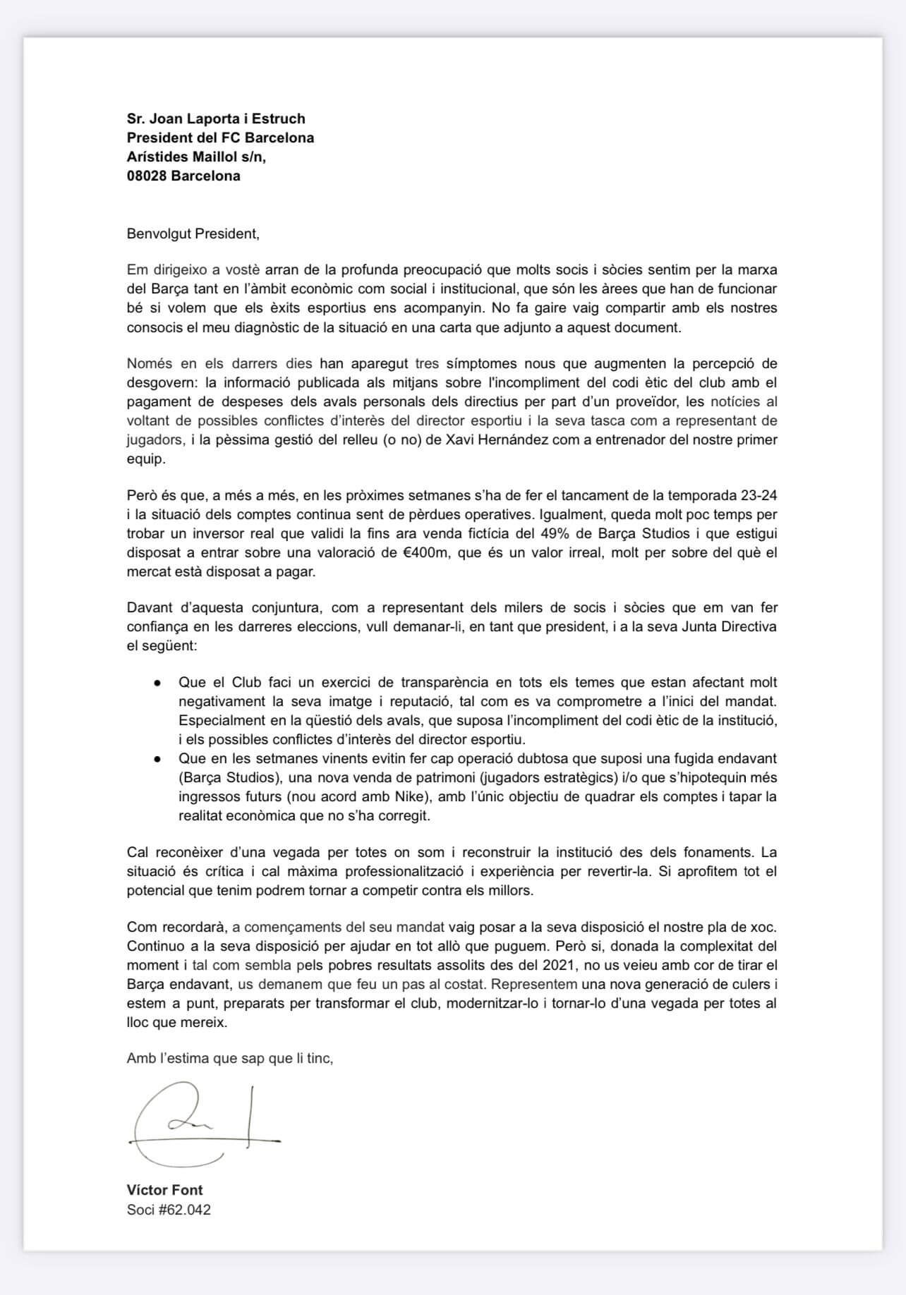  La carta de Víctor Font a Joan Laporta
