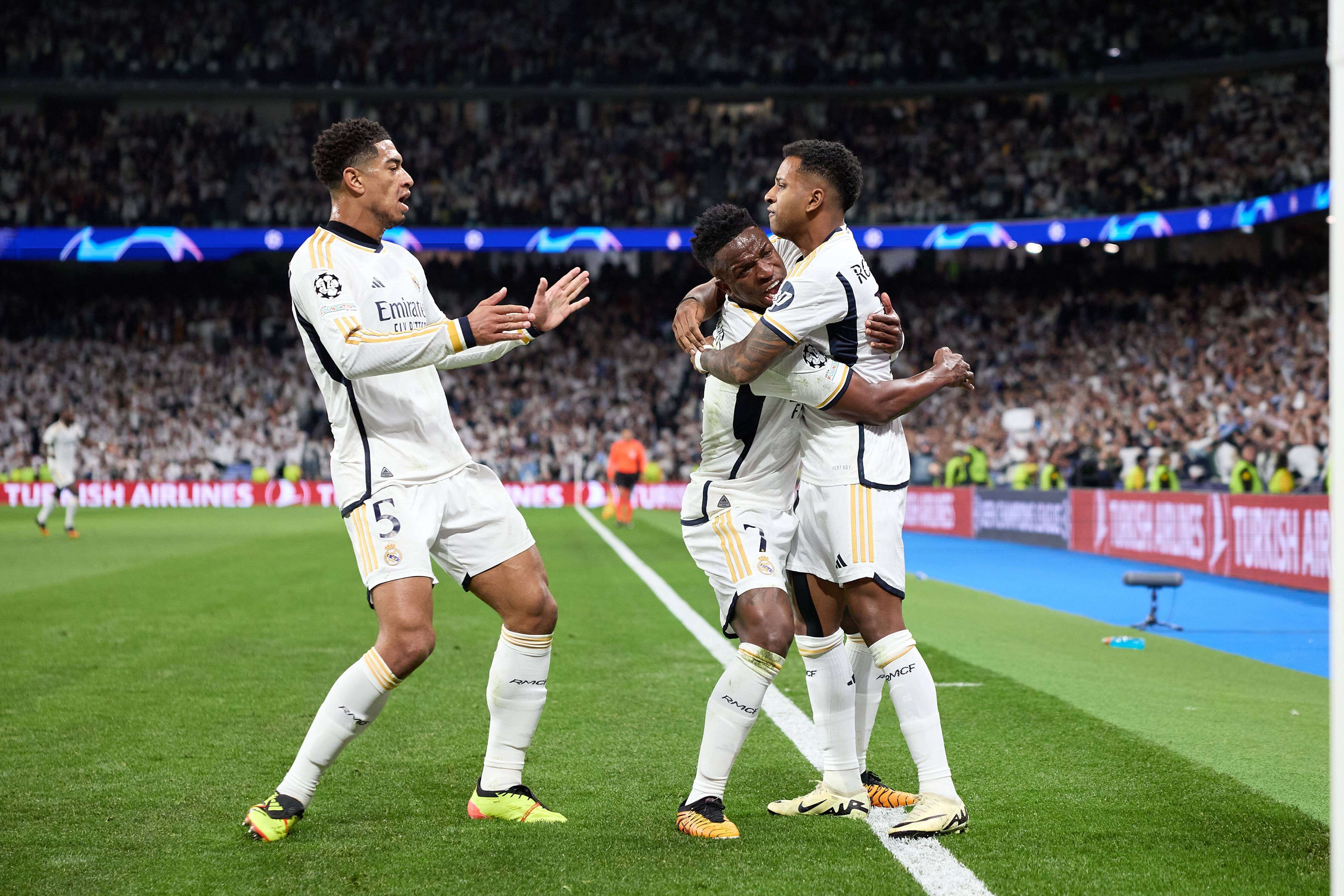 Vinicius, Rodrygo y Bellingham celebrando un gol ante el City.