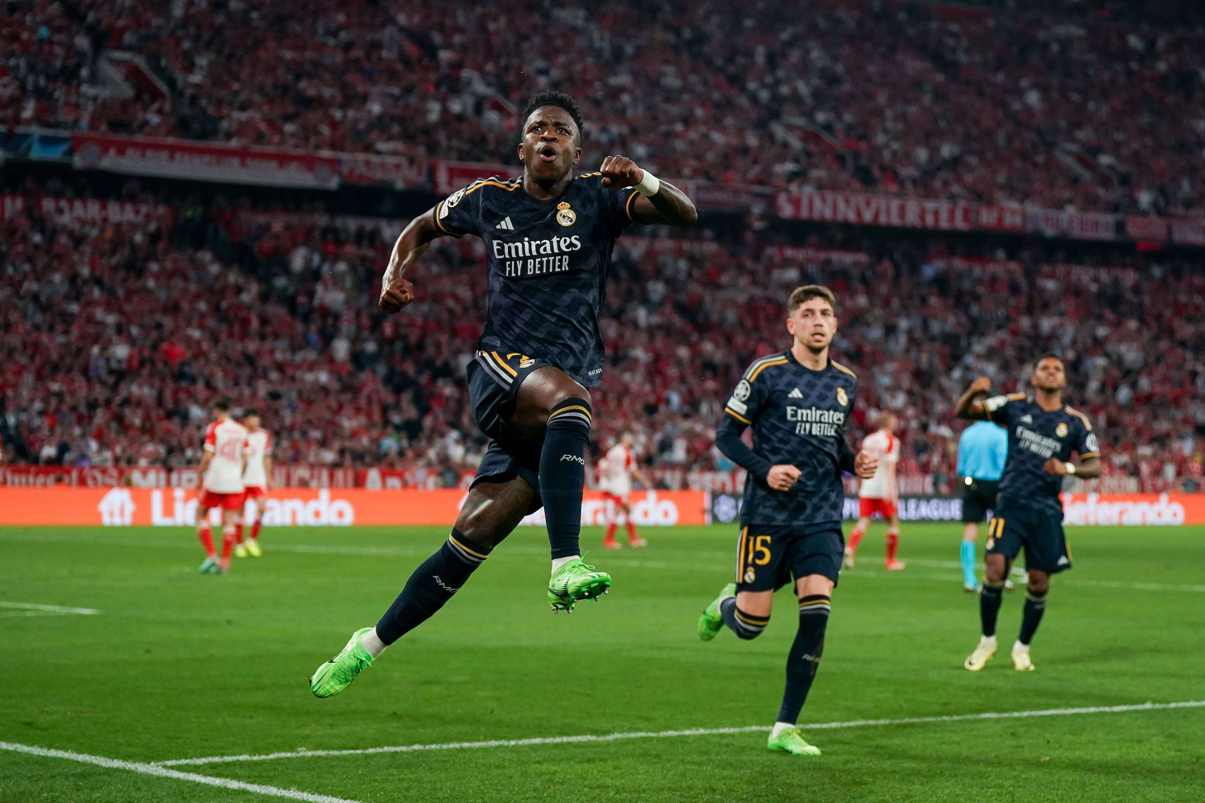 Vinicius, celebrando su segundo gol en el Bayern-Real Madrid.