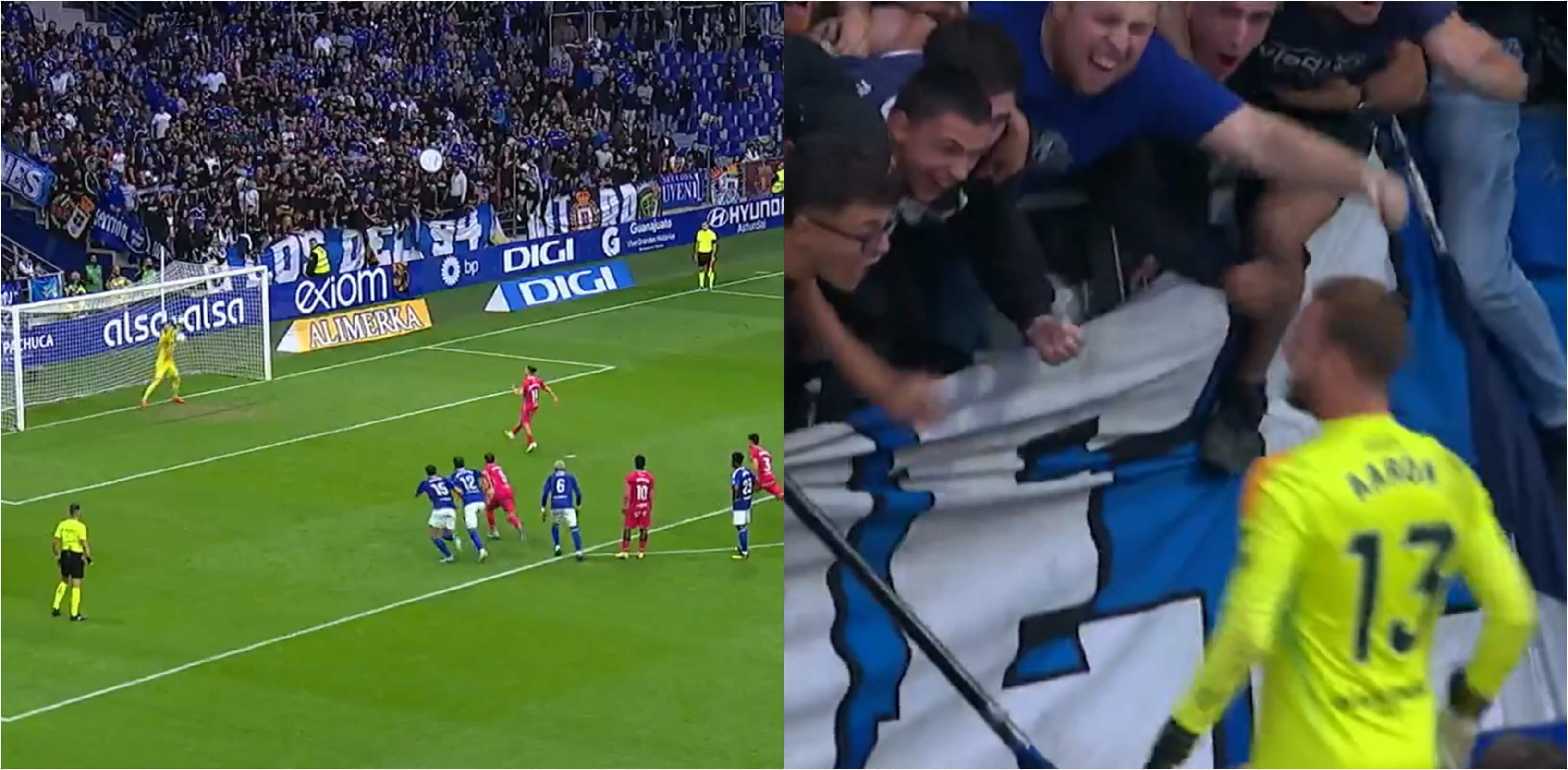 Aarón Escandell celebra el penalti detenido a Luismi Cruz.