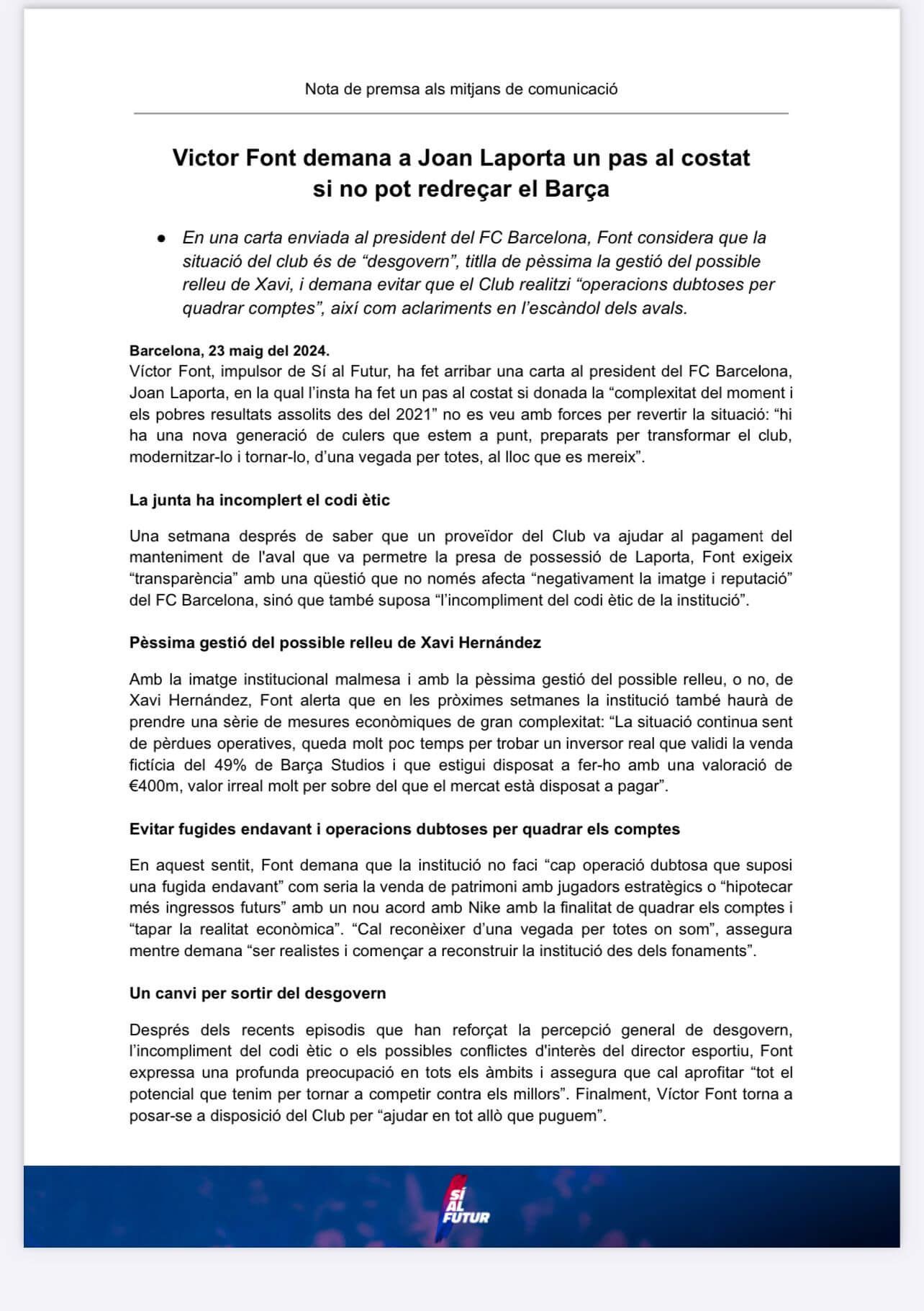 Parte segunda de la carta de Víctor Font a Joan Laporta
