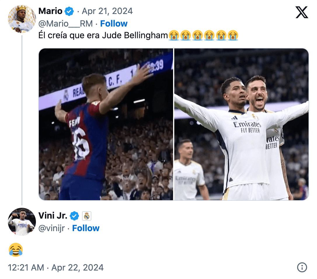 Vinicius se mofa de le celebración de Fermín en el Real Madrid-Barça.