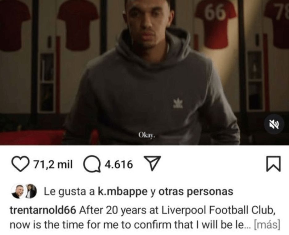 El me gusta de Mbappé en Instagram al vídeo de Alexander Arnold (Foto: Instagram Alexander Arnold