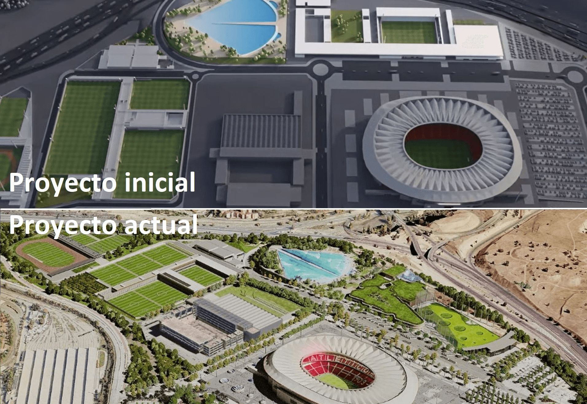  Render inicial y render actual del proyecto de la Ciudad del Deporte.
