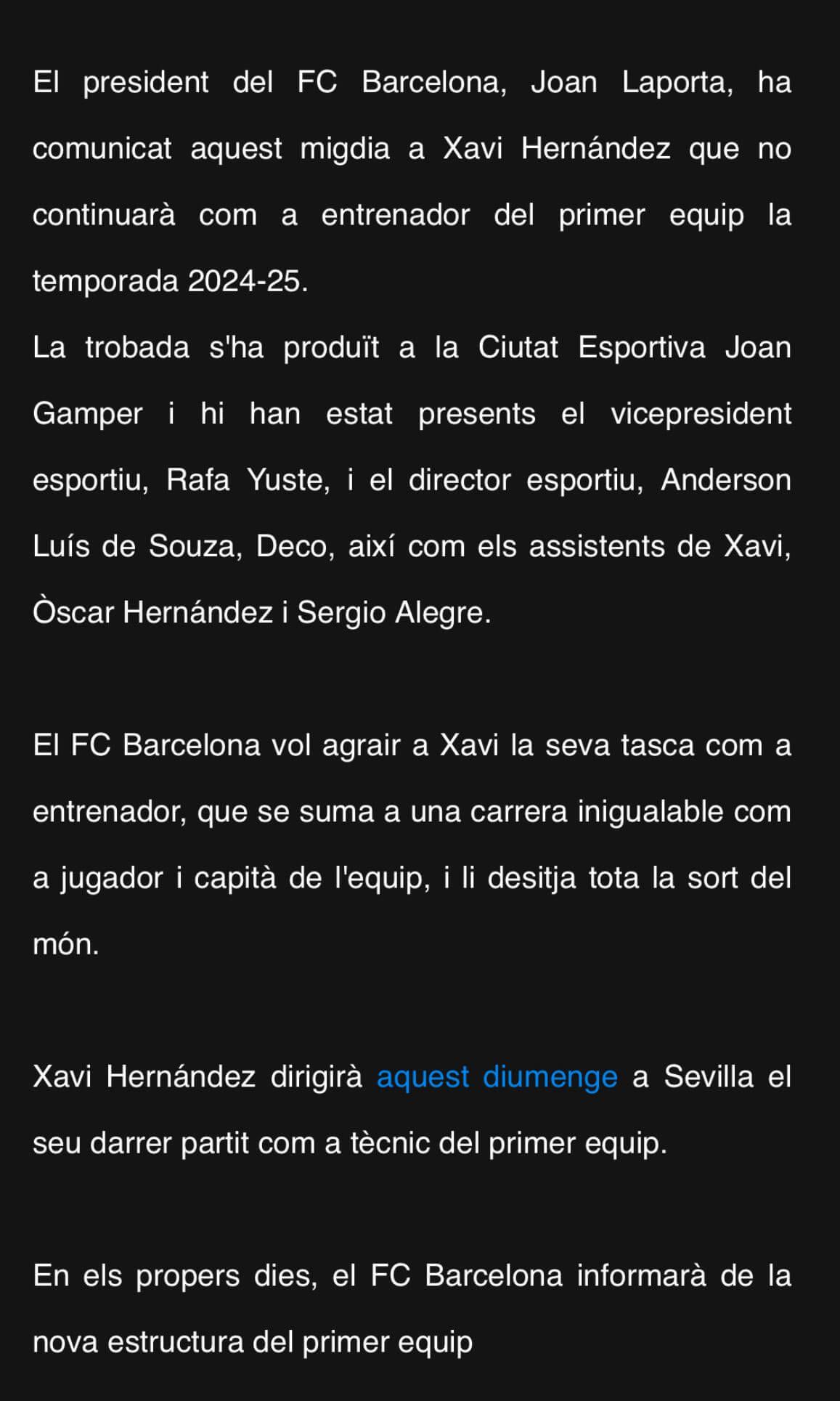 Comunicado del Barça sobre la salida de Xavi Hernández