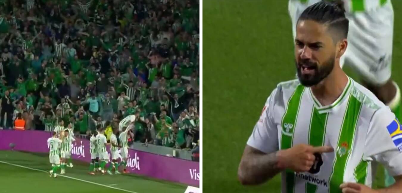 Isco Alarcón se señala el escudo y se salta al Gol Sur para celebrar el gol con los ultras