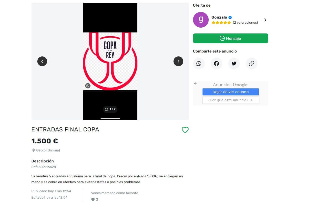  Uno de los anuncios de entradas para la final de Copa en la reventa.