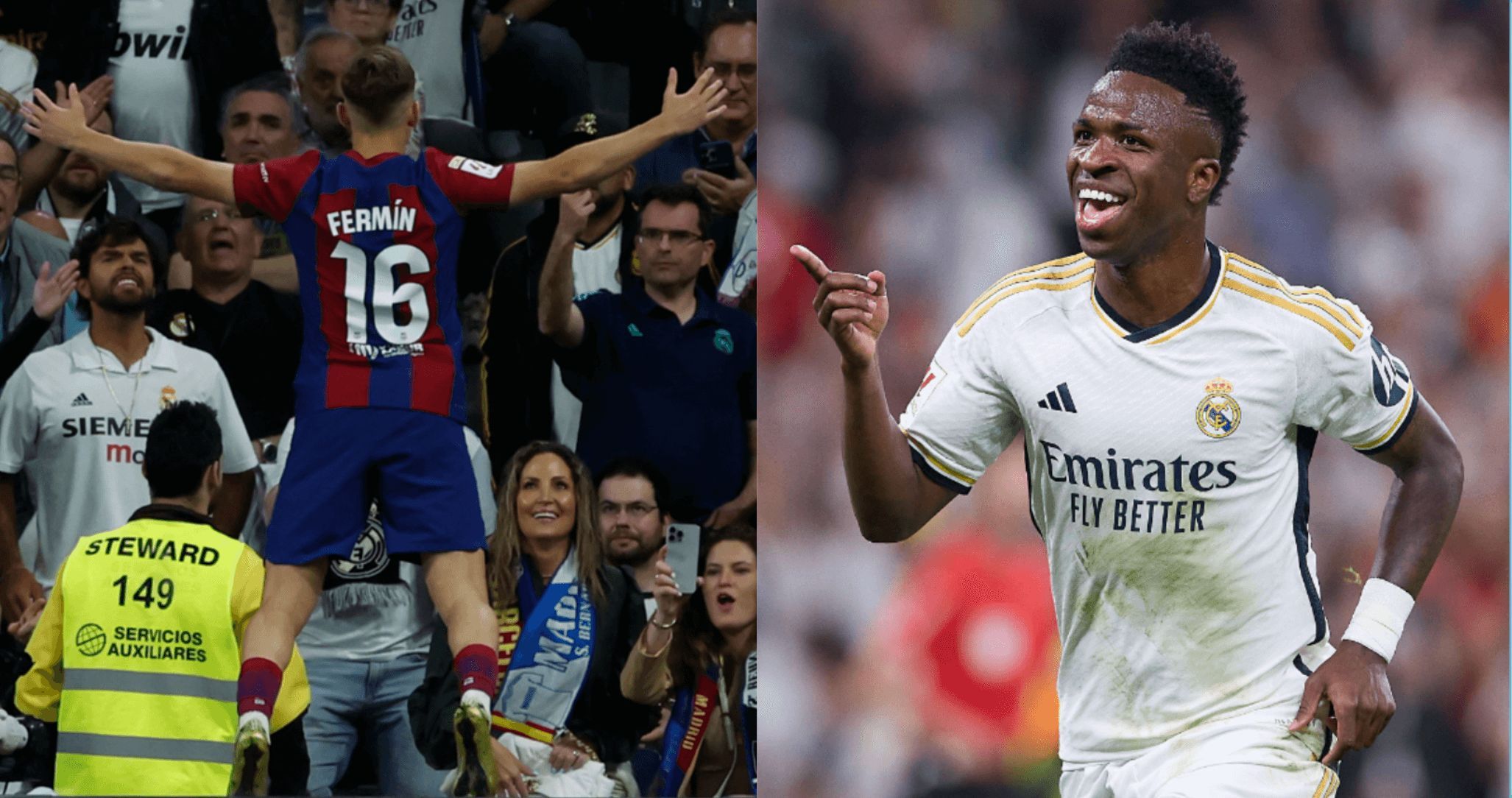 Fermín López y Vinicius celebran sus goles en El Clásico (Fotos: EFE y Cordon Press).