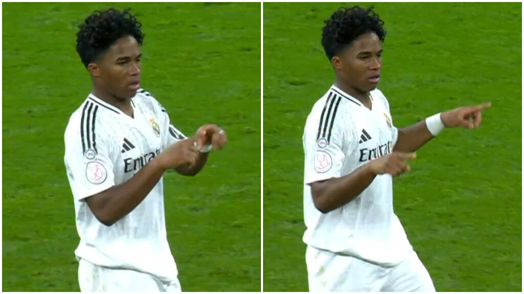  Endrick señalando el VAR tras su primer gol ante el Celta (Capturas de RTVE)