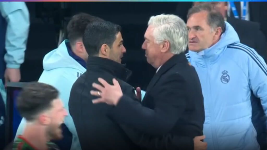 Mikel Arteta y Carlo Ancelotti tras el Real Madrid-Arsenal (captura: Movistar+).