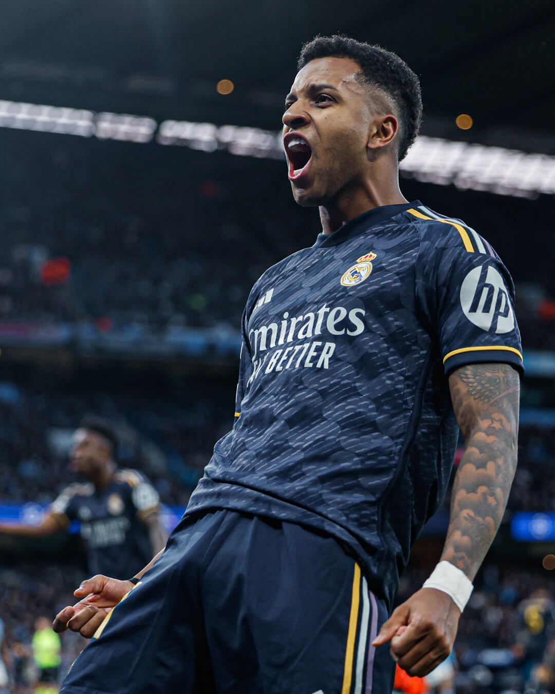 Rodrygo celebrando el gol en el Etihad (foto: @realmadrid)
