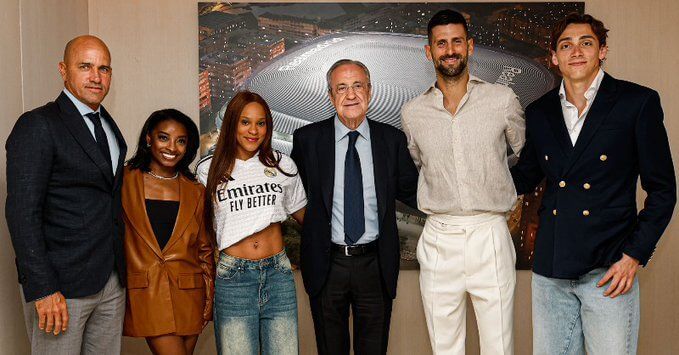 Mondo Duplantis, Simone Biles, Rebeca Andradre, Novak Djokovic y Kelly Slater junto a Florentino Pérez