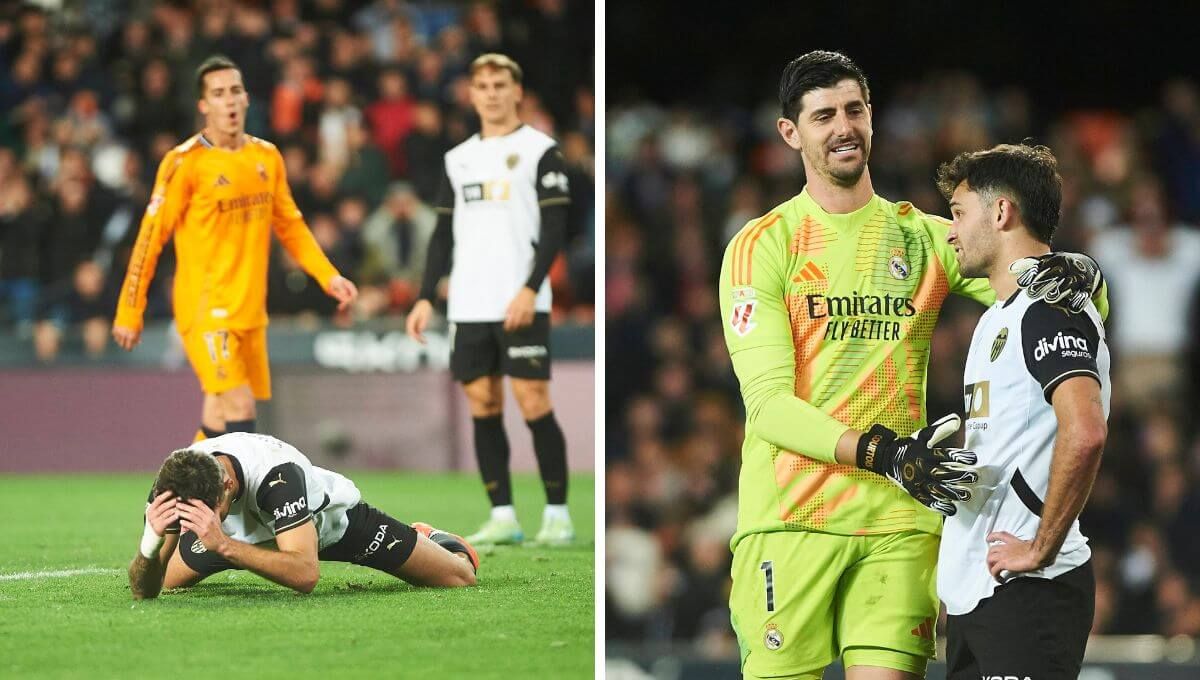 Hugo Duro, consolado por Thibaut Courtois tras el Valencia-Real Madrid.