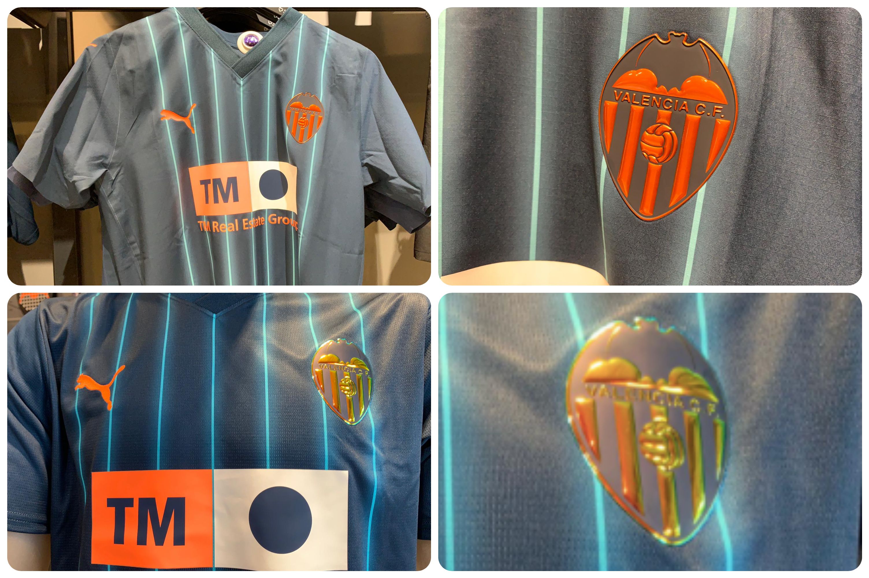 La diferencia entre la camiseta de jugador (arriba) y la réplica (abajo).