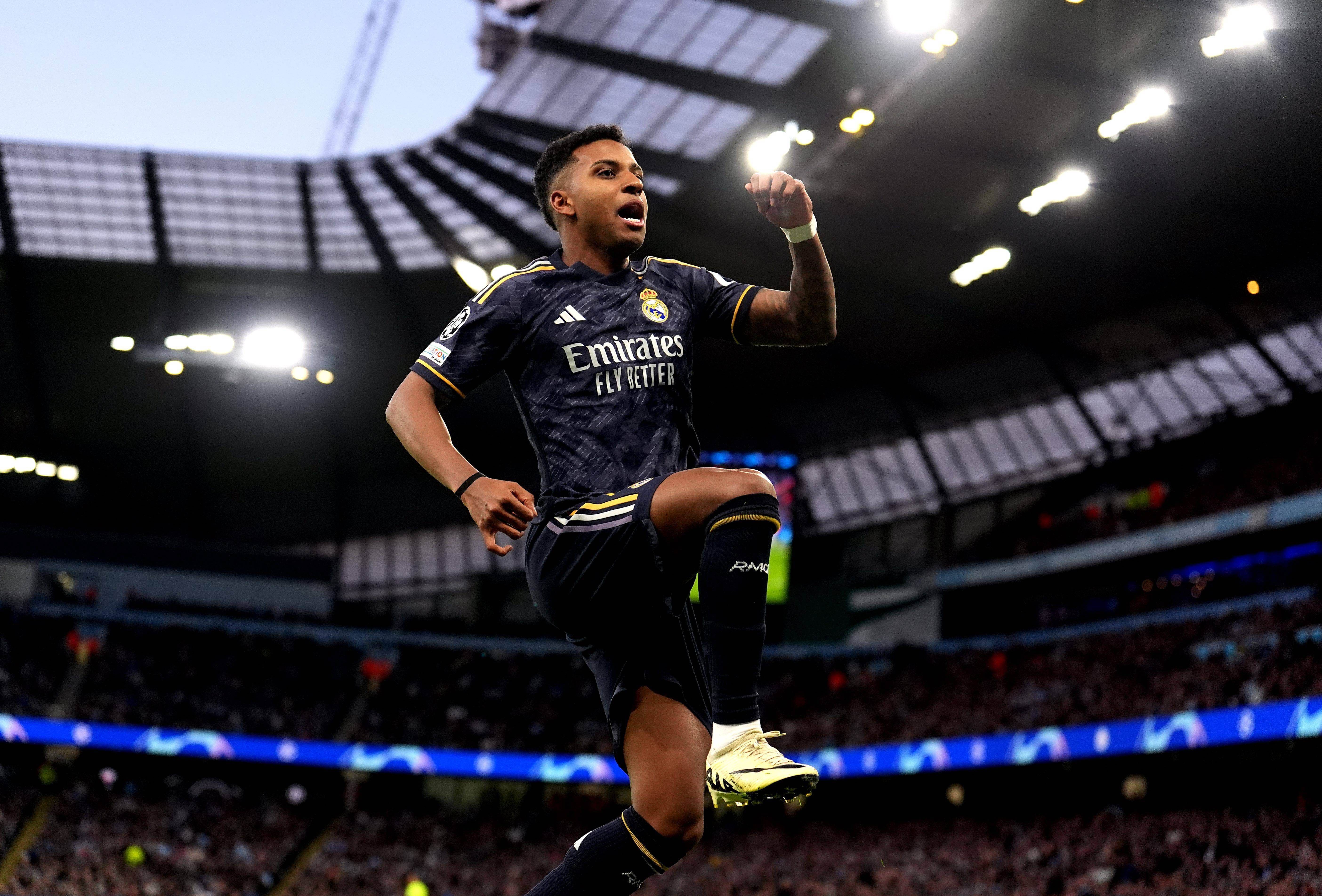 Rodrygo celebra su gol en el Manchester City-Real Madrid.
