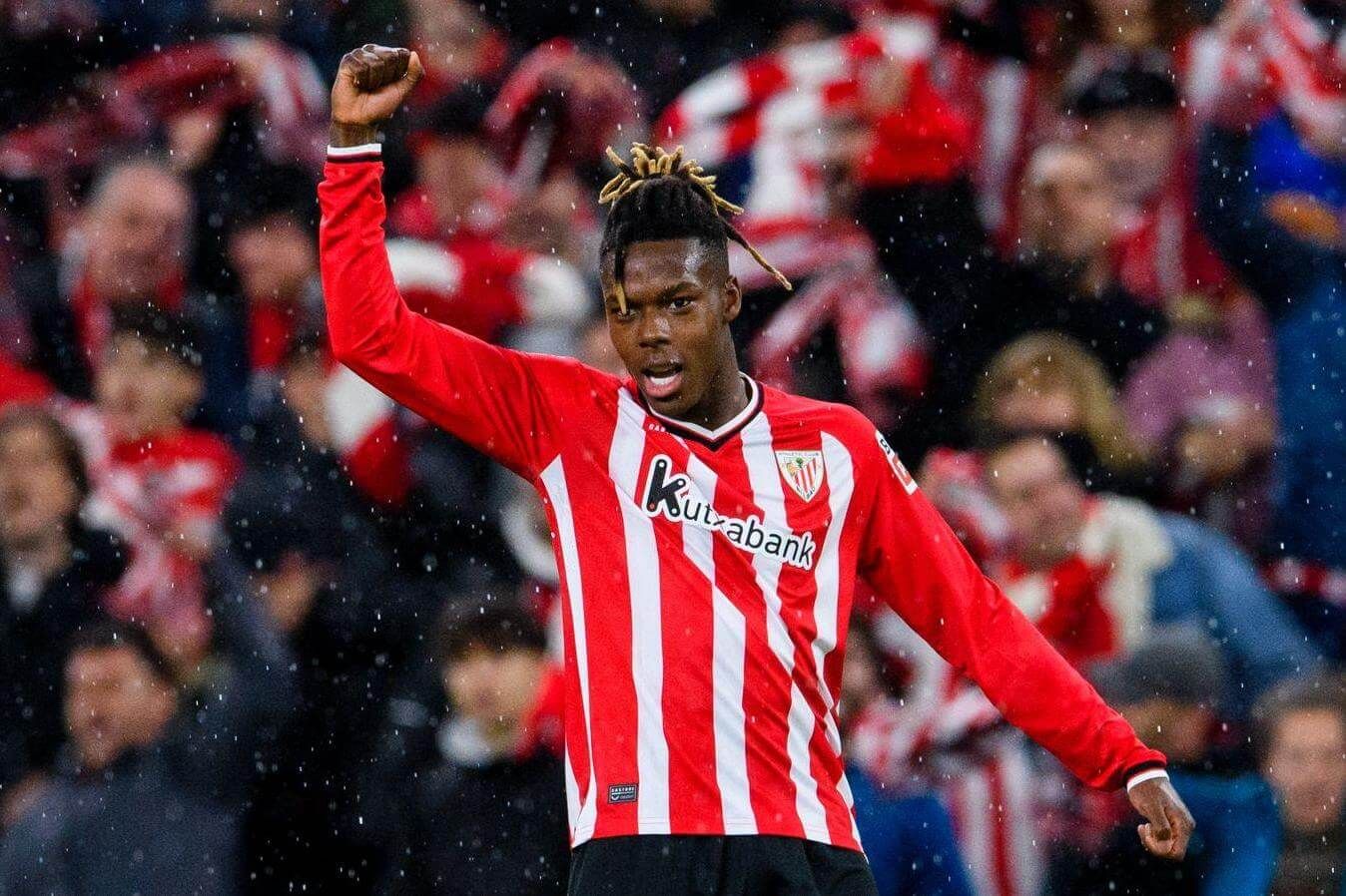 Nico Williams celebra su gol al Atlético en la semifinal de Copa en San Mamés.