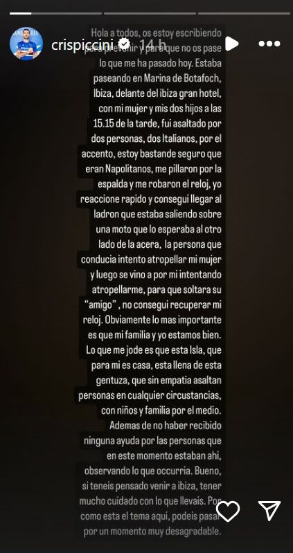  El mensaje de Piccini en redes sociales.