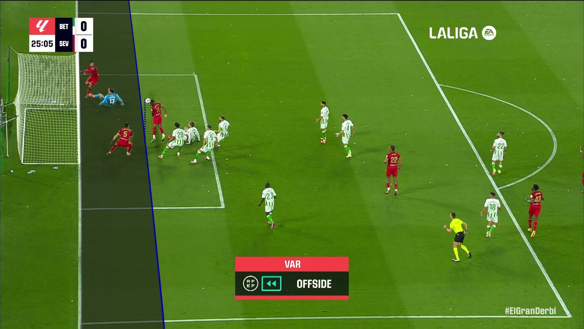 Momento del remate fallido de Lukebakio, que terminó con el gol anulado a Ocampos.