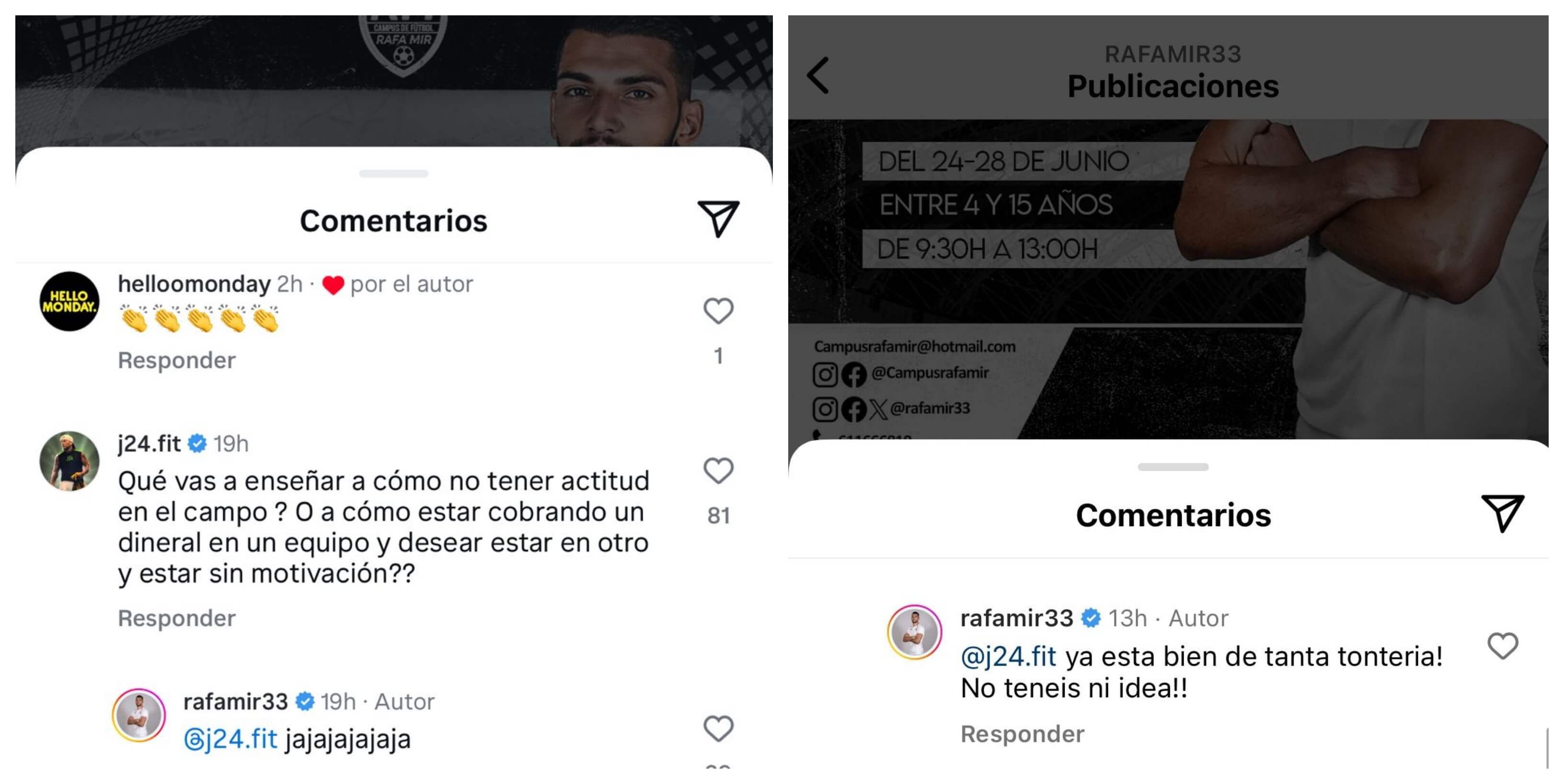  La respuesta de Rafa Mir a un usuario en Instagram.