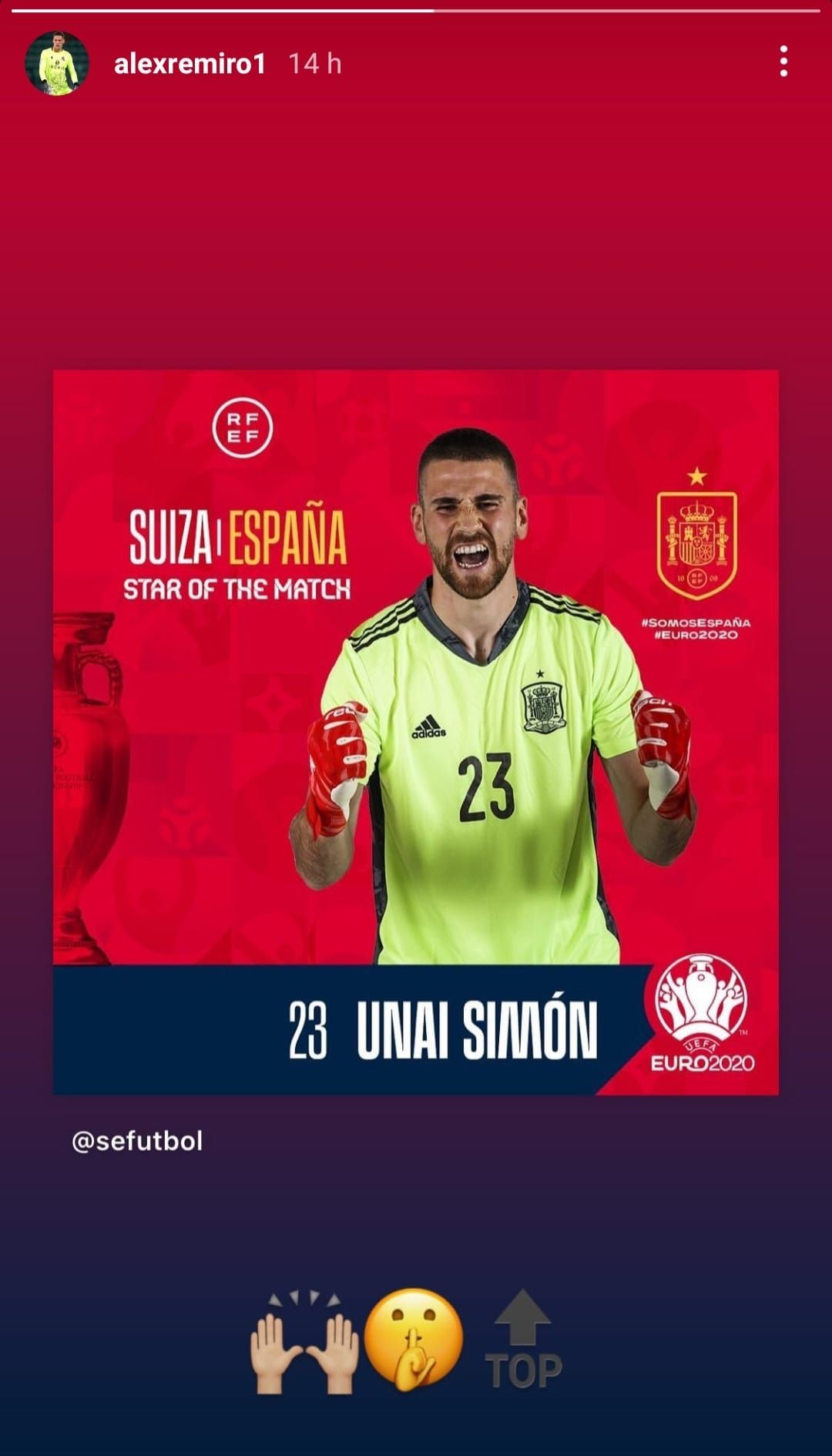  Story de Remiro elogiando a Unai Simón y mandando un mensaje a los críticos