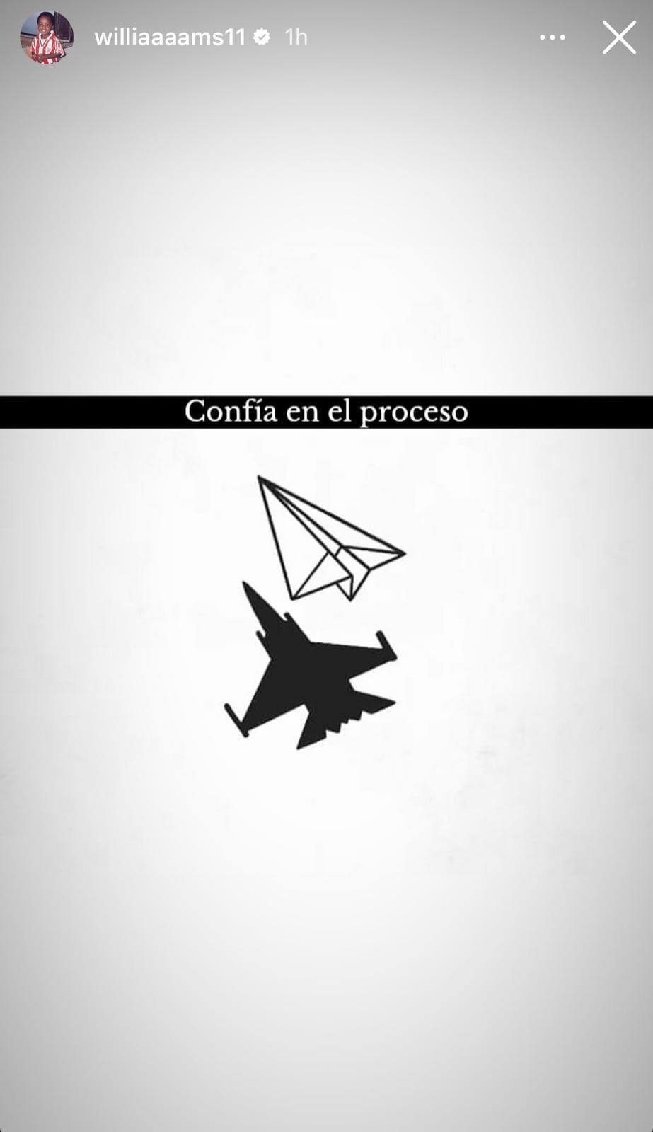  Un avión de papel que proyecta la sombra de un gran avión junto a la frase "Confía en el proceso. Foto: Perfil oficial de Iñaki Williams en Instagram (@williaaaams11)