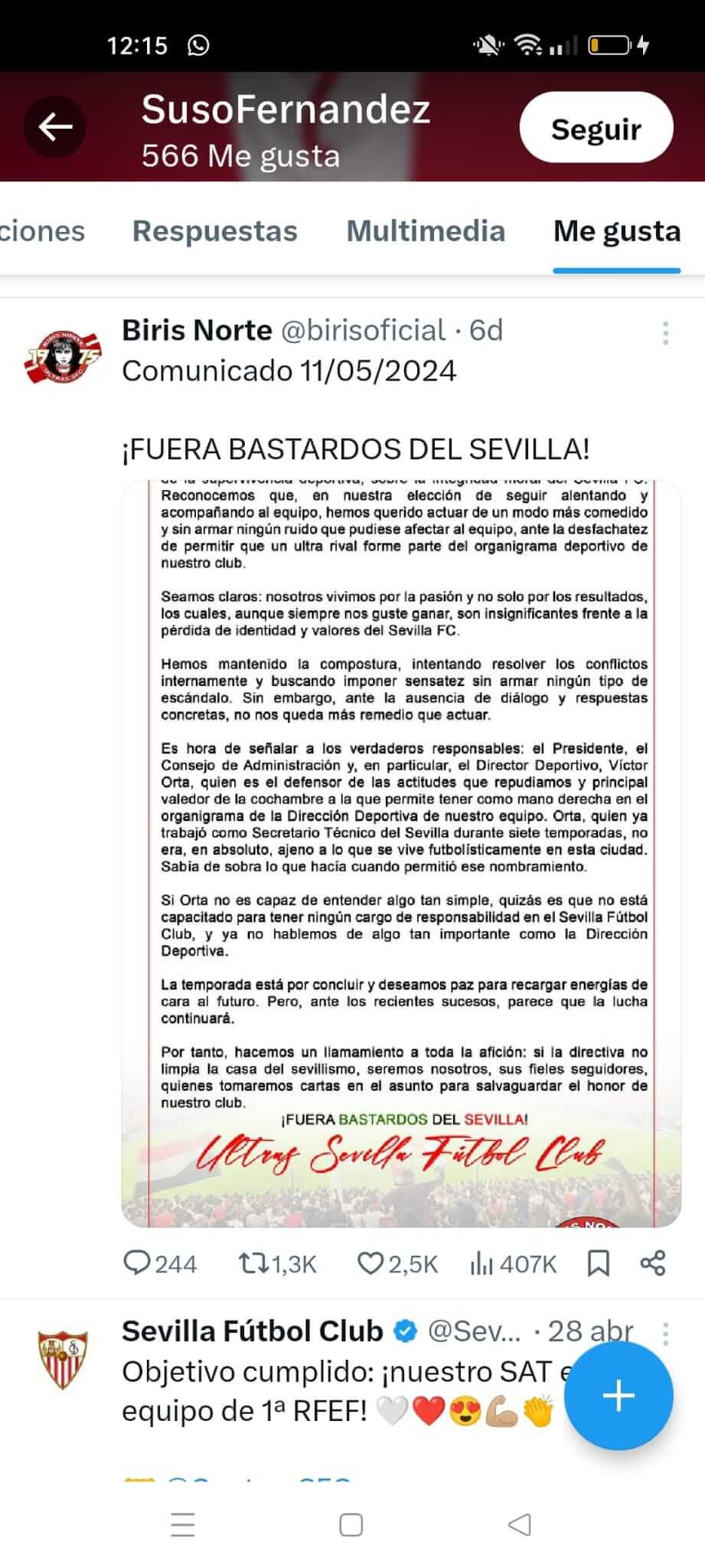  El 'me gusta' de Suso en redes sociales.