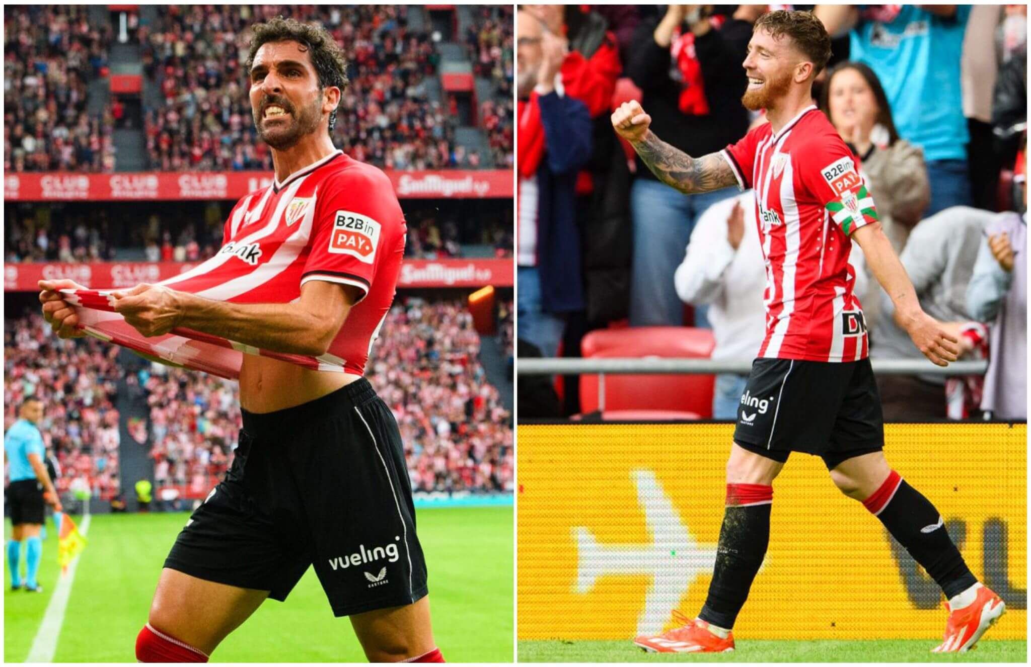  Raúl García e Iker Muniain celebran sus goles en San Mamés ante el Sevilla..