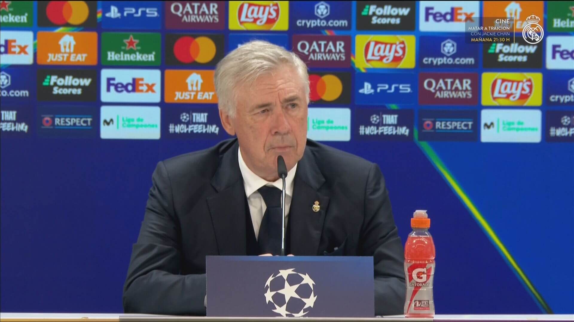  Carlo Ancelotti, durante la rueda de prensa del Real Madrid-Borussia Dortmund.