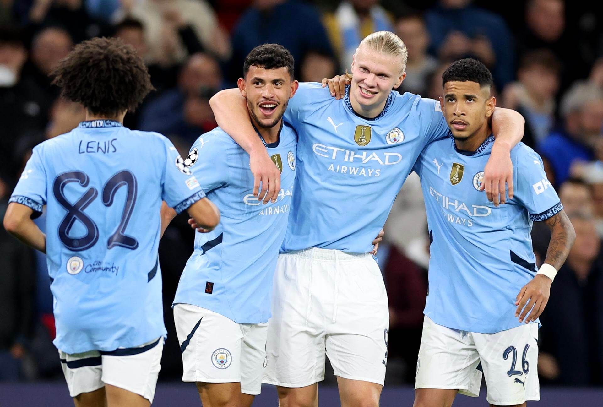 El Manchester City celebrando un gol de Haaland en Champions.