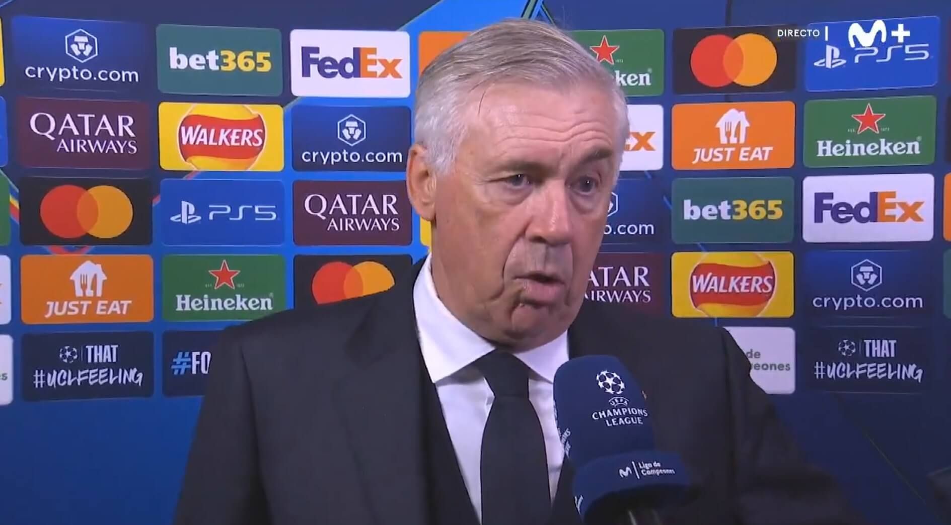  Carlo Ancelotti, durante un postpartid del Real Madrid en Champions (Captura Movistar+)