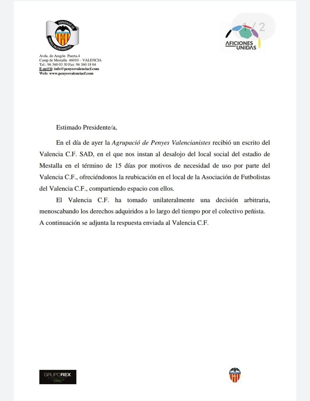 Carta de la Agrupación a las Peñas