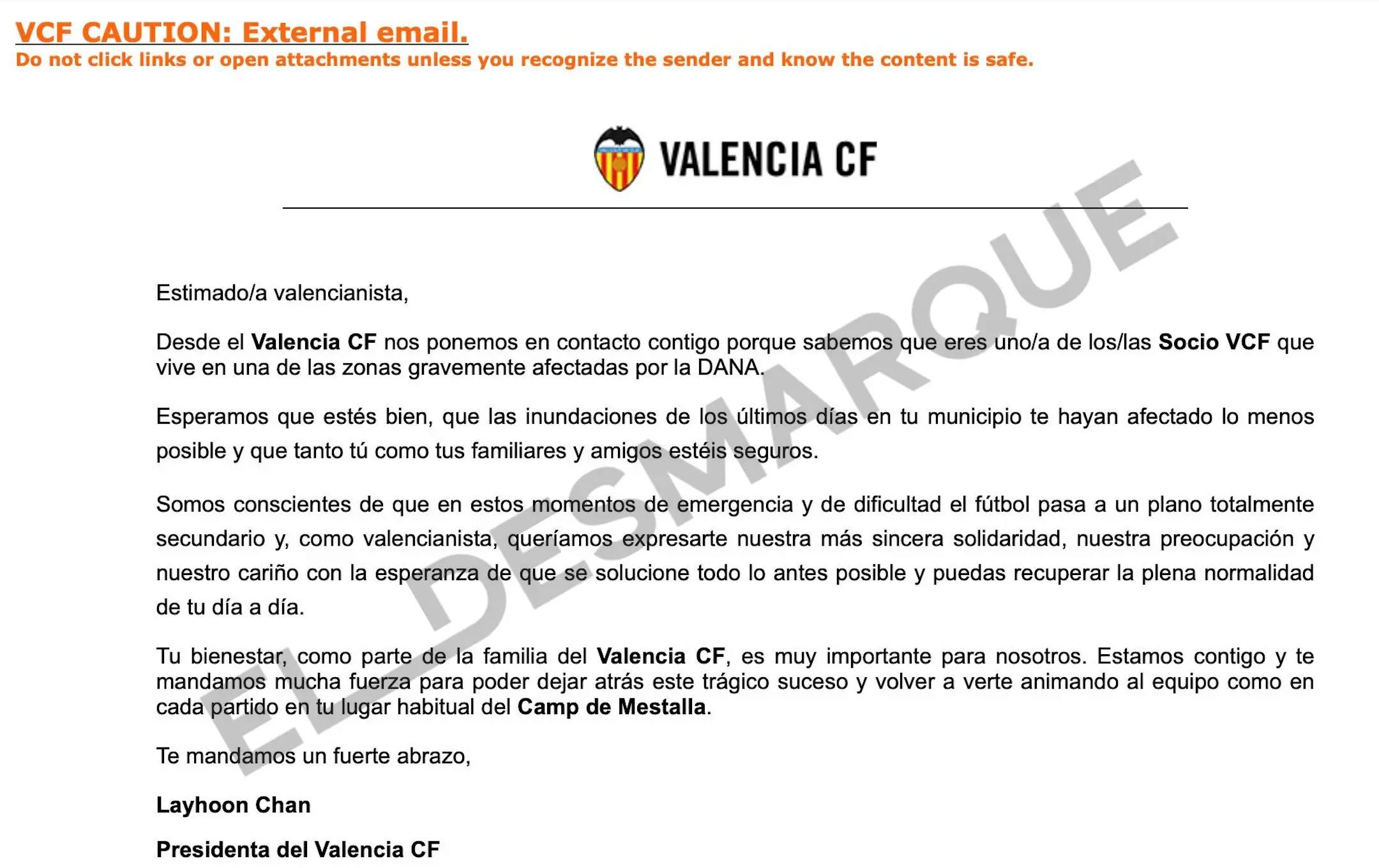 Carta de Layhoon Chan a los abonados del Valencia CF afectados por la DANA