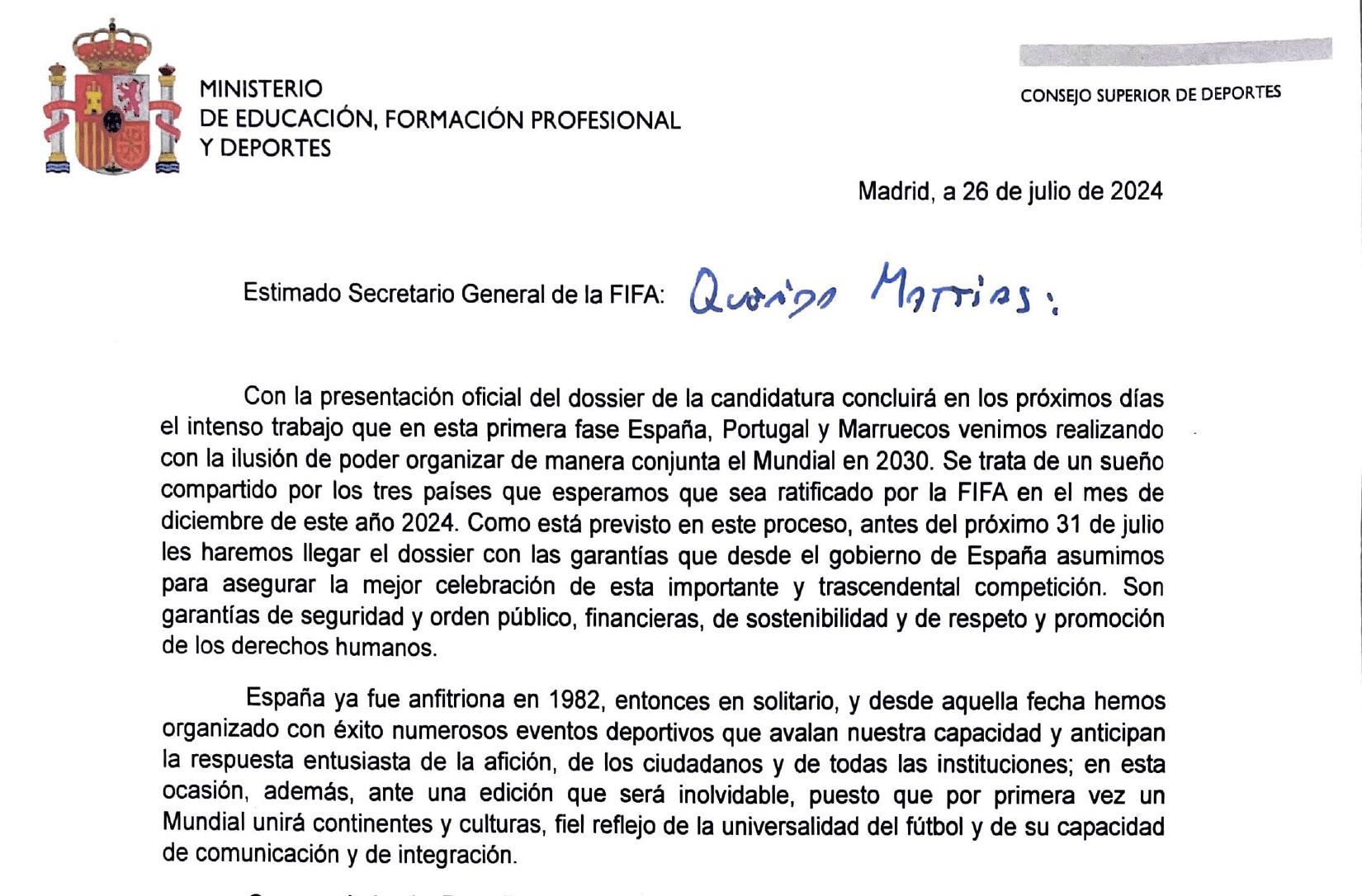  Carta del CSD a la FIFA por el Mundial 2030