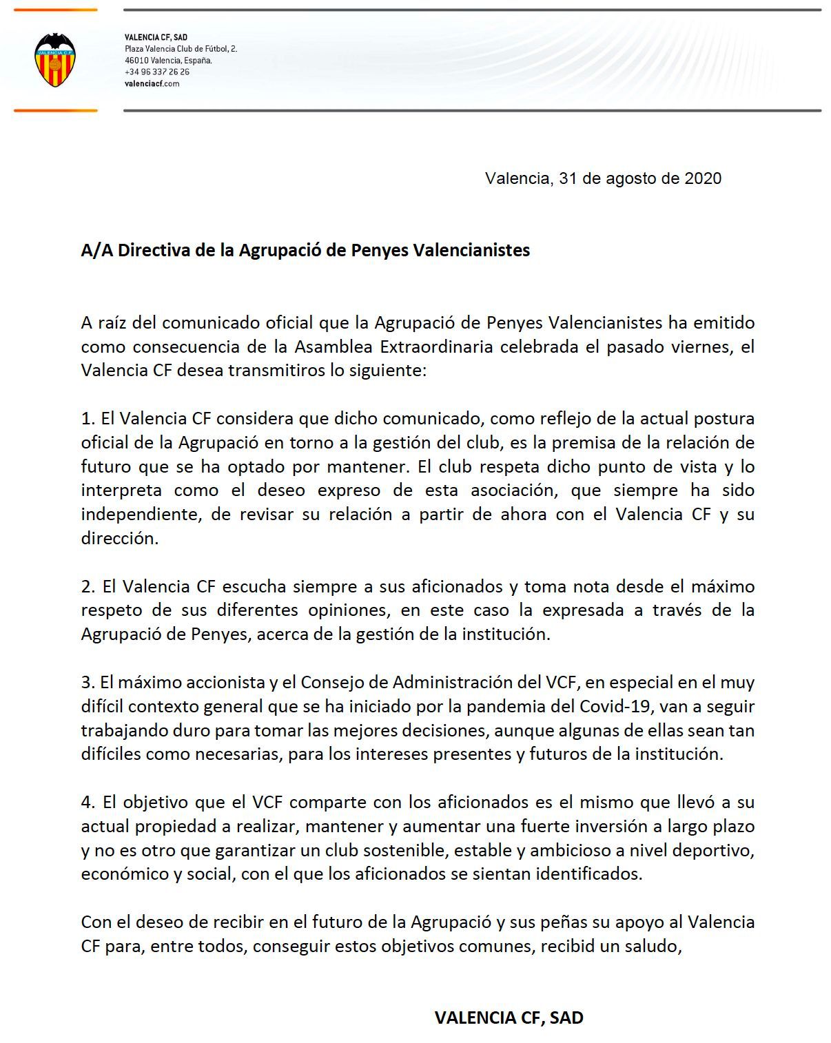Carta del Valencia CF a las peñas