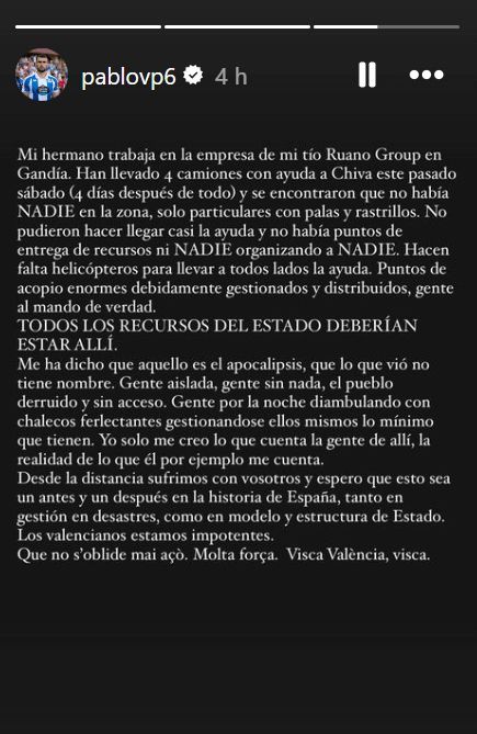  Mensaje de Pablo Vázquez en sus redes sociales ante la situación que vive la Comunidad Valenciana