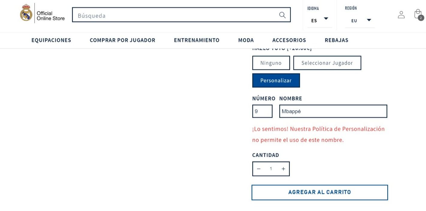 El Real Madrid no permite comprar camisetas personalizadas con el nombre de Mbappé.