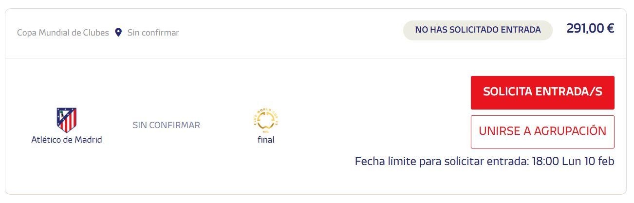 El precio de las entradas para la final del Mundial de Clubes en la página del Atlético de Madrid