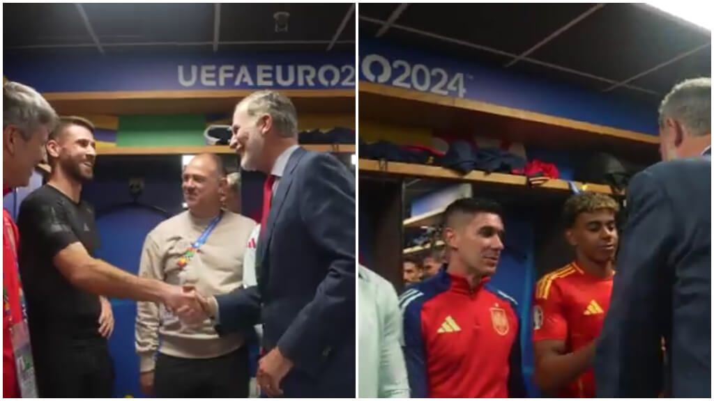  Unai Simón y Lamine Yamal saludan al rey Felipe VI tras la victoria de España ante Italia.