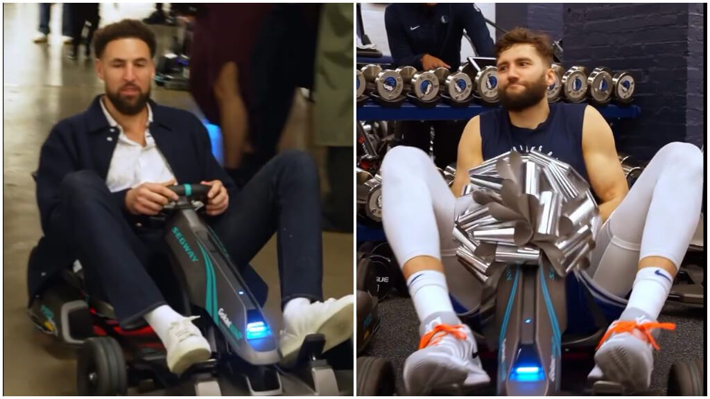  Klay Thompson y Maxi Kleber, disfrutando del regalo de Luka Doncic.