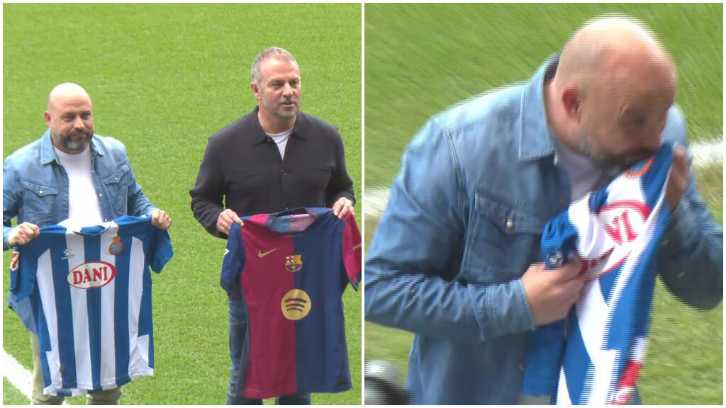 Manolo González y Hansi Flick, en el posado del derbi de Barcleona