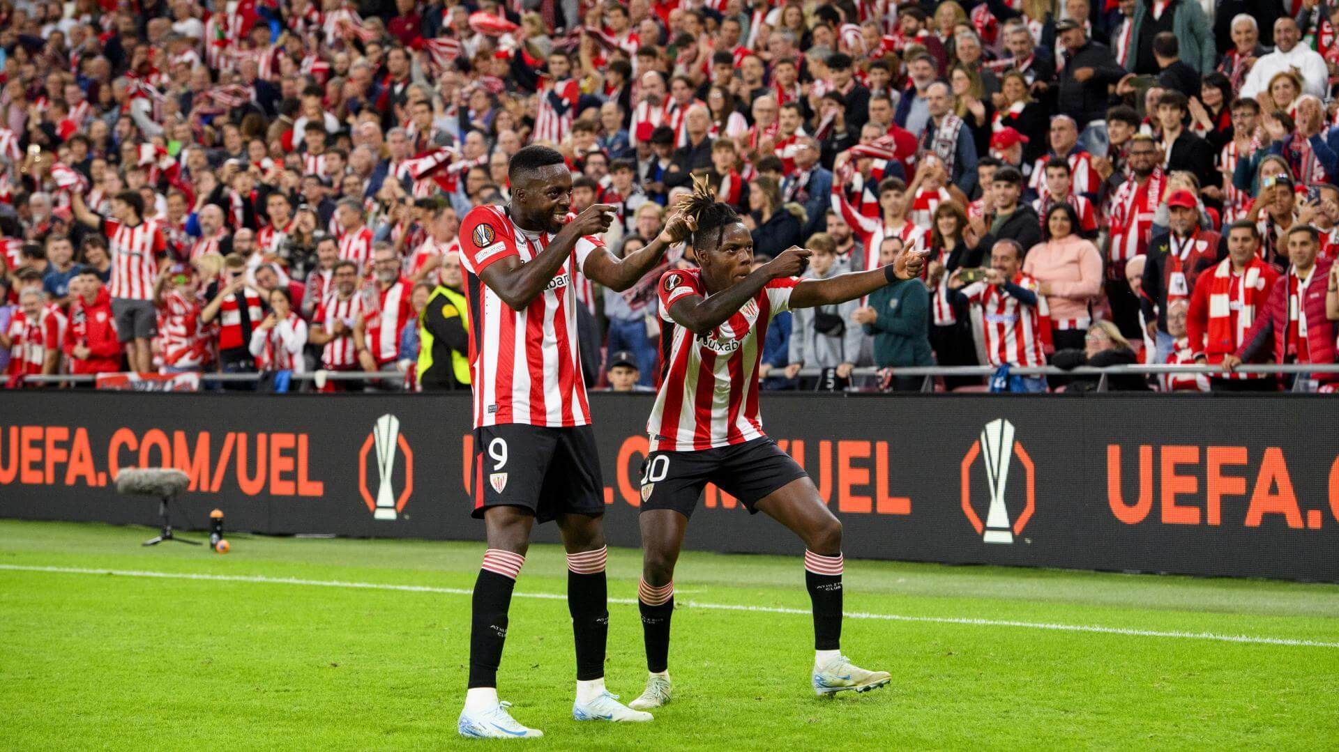  En el Viktoria Pilsen destacan a los hermanos Iñaki y Nico Williams, que aquí celebran un gol en San Mamés en un partido de la Europa League.