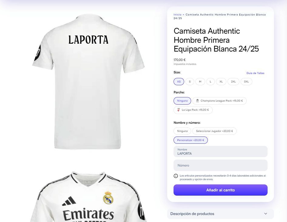 El nombre 'Laporta' en el dorsal de la camiseta del Real Madrid (Fuente: RM)