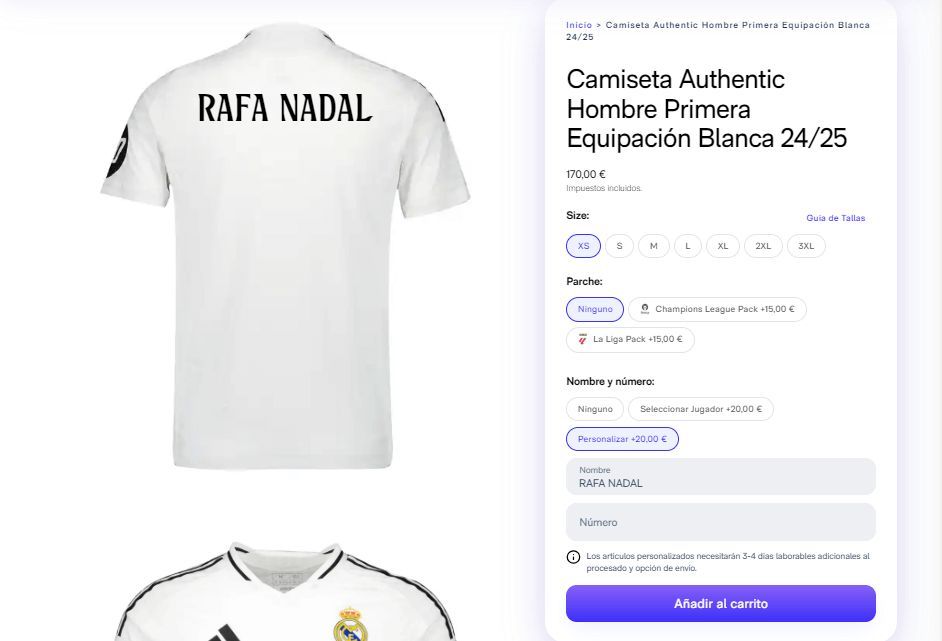 El nombre 'Rafa Nadal' en el dorsal de la camiseta del Real Madrid (Fuente: RM)