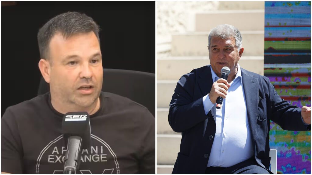  José Elías en su entrevista en 'Què t'hi Jugues' y Laporta en un evento (Europa Press)