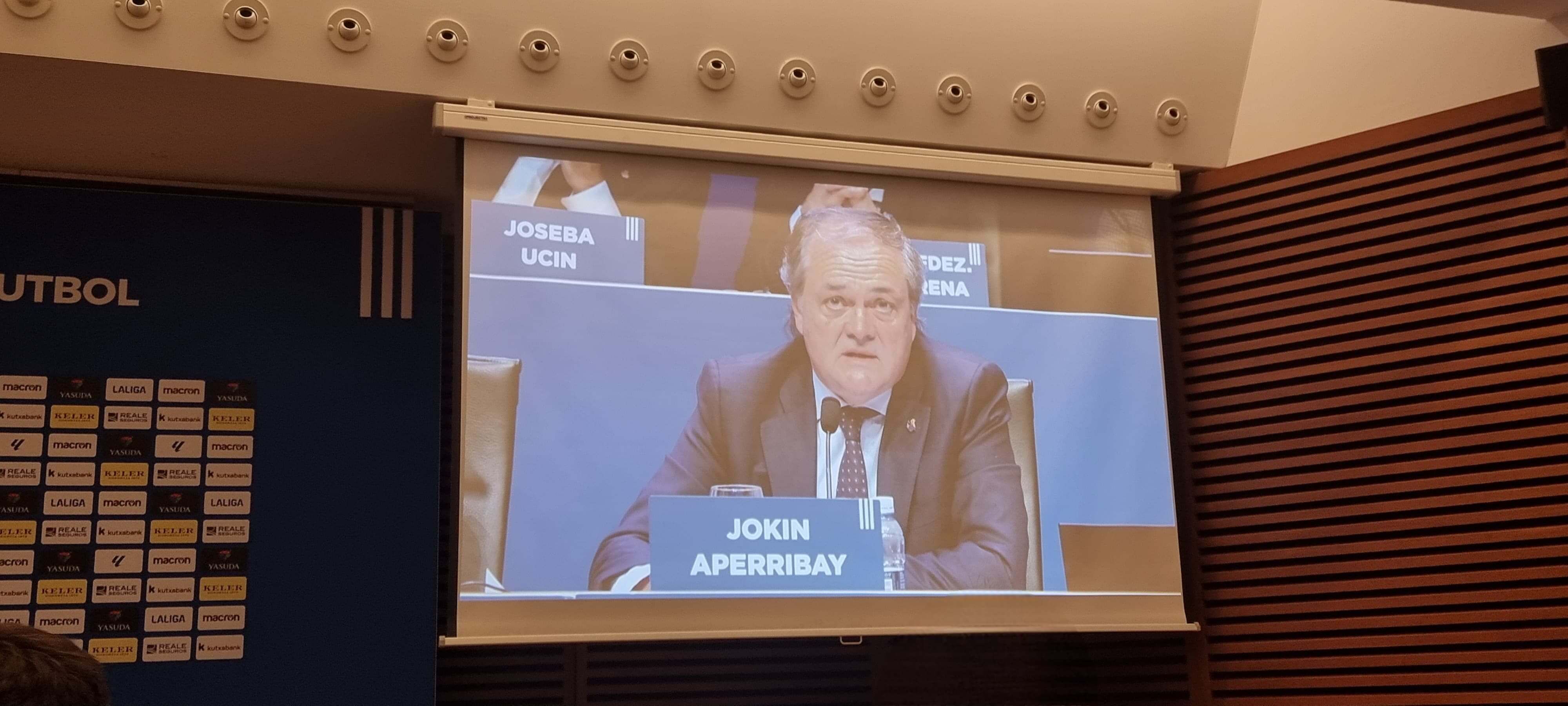 Jokin Aperribay, presidente de la Real Sociedad, durante la Junta de Accionistas.