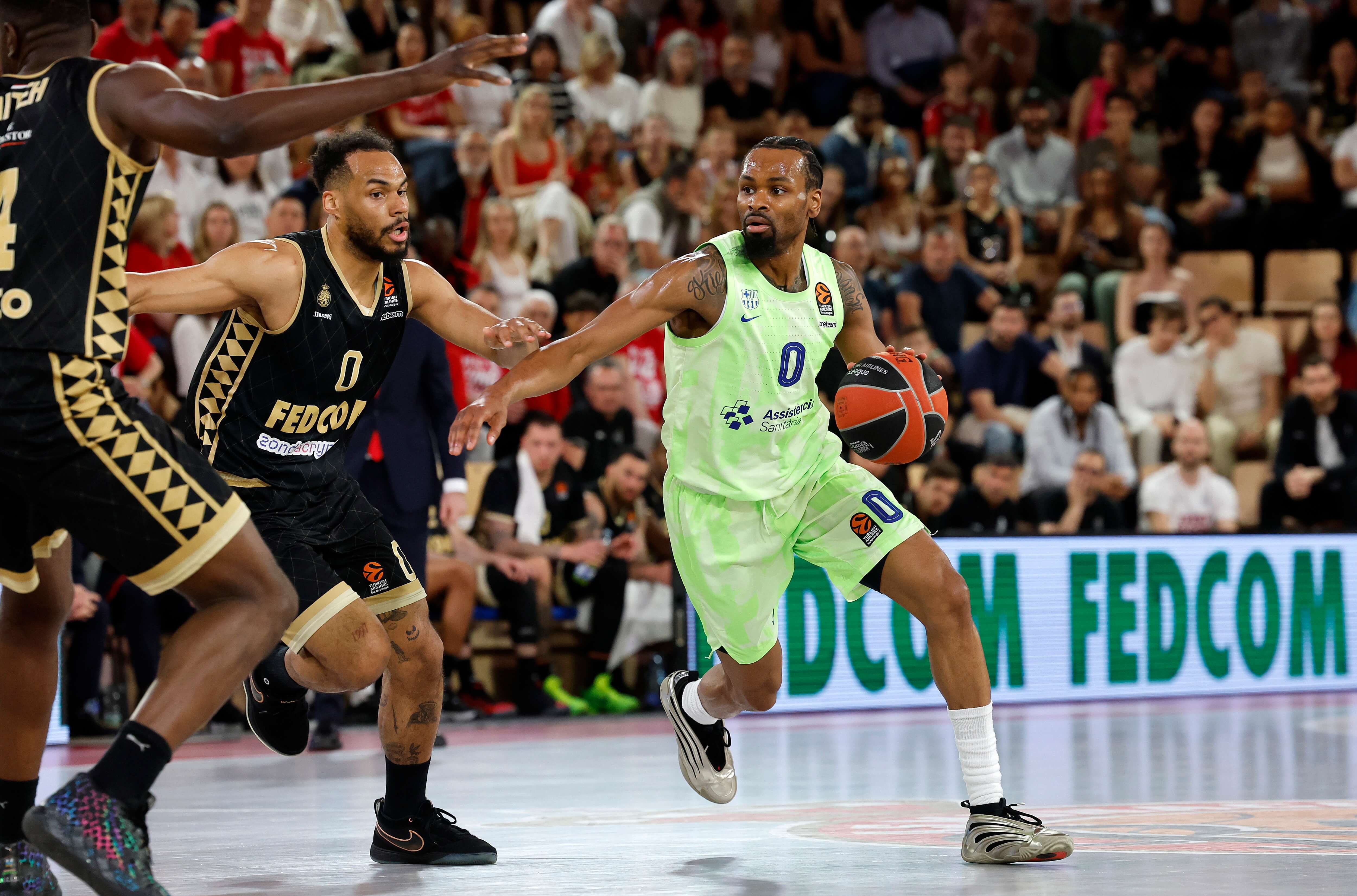Lance del segundo partido del play off de la Euroliga entre el Mónaco y el Barcelona.